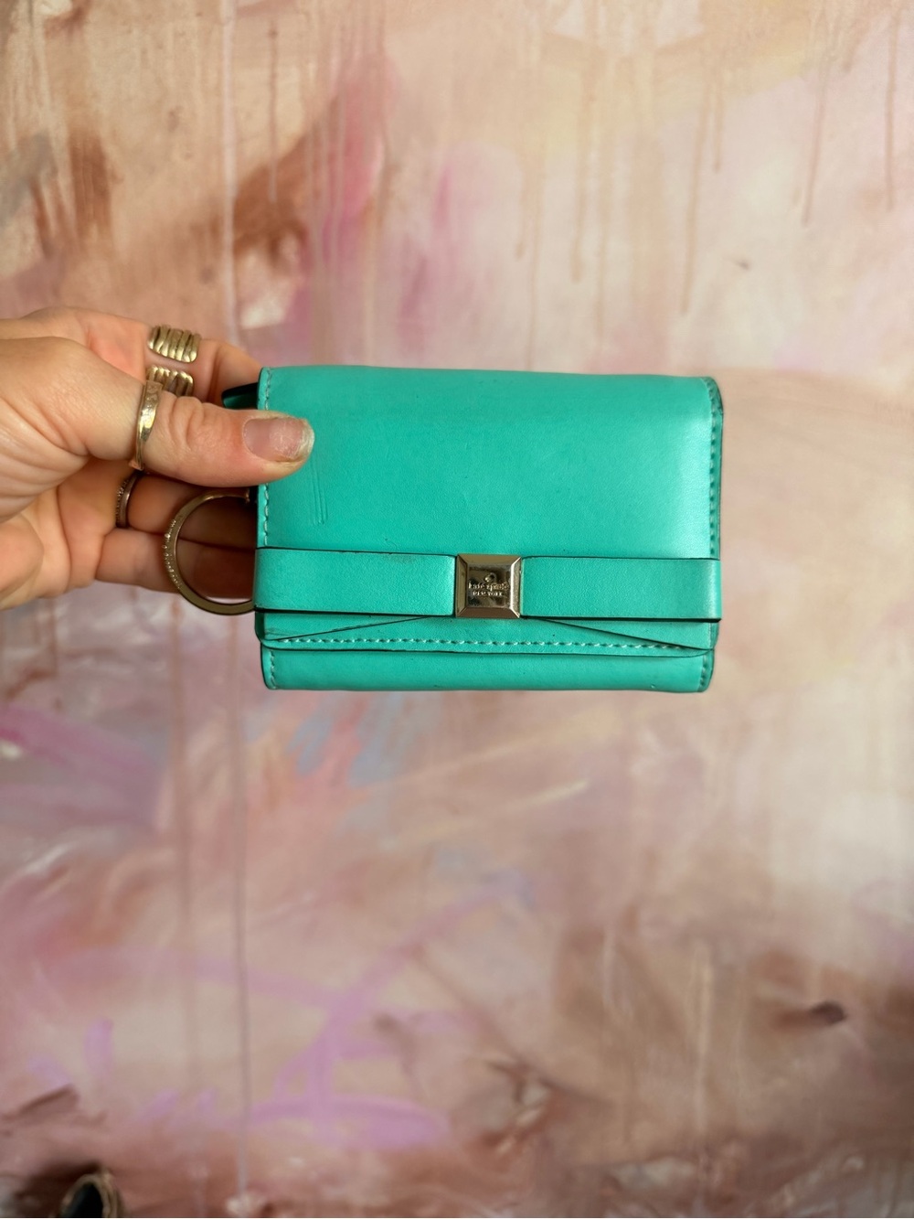 Teal Leather Bow Key Wallet with Gold Accent